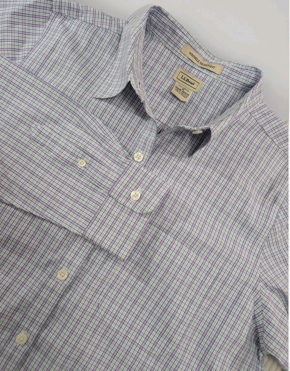 LL Bean Shirt Mens M Purple Blue Plaid Wrinkle Resistant Button Up Cotton
